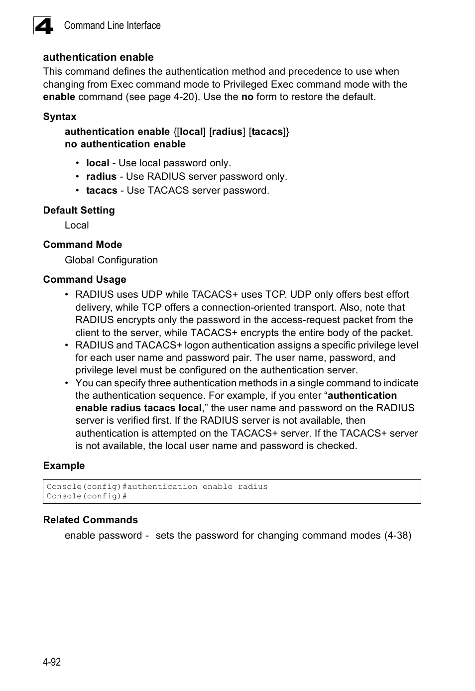 Authentication enable, Authentication enable (4-92) | SMC Networks SMC Tiger 10/100 SMC6128PL2 User Manual | Page 400 / 664