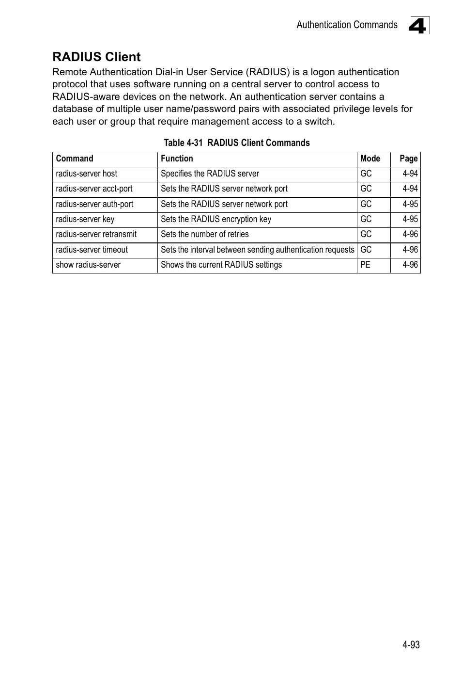 Radius client, Table 4-31, Radius client commands | SMC Networks SMC Tiger 10/100 SMC6128PL2 User Manual | Page 401 / 664