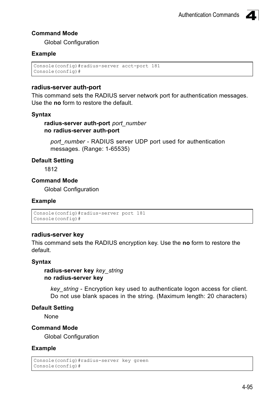 Radius-server auth-port, Radius-server key | SMC Networks SMC Tiger 10/100 SMC6128PL2 User Manual | Page 403 / 664