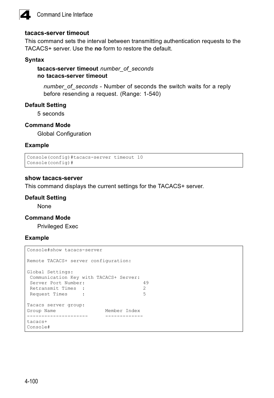 Tacacs-server timeout, Show tacacs-server | SMC Networks SMC Tiger 10/100 SMC6128PL2 User Manual | Page 408 / 664