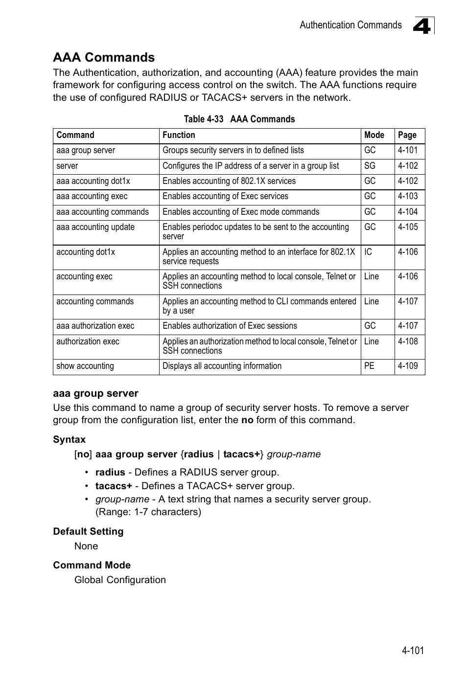 Aaa commands, Aaa group server | SMC Networks SMC Tiger 10/100 SMC6128PL2 User Manual | Page 409 / 664