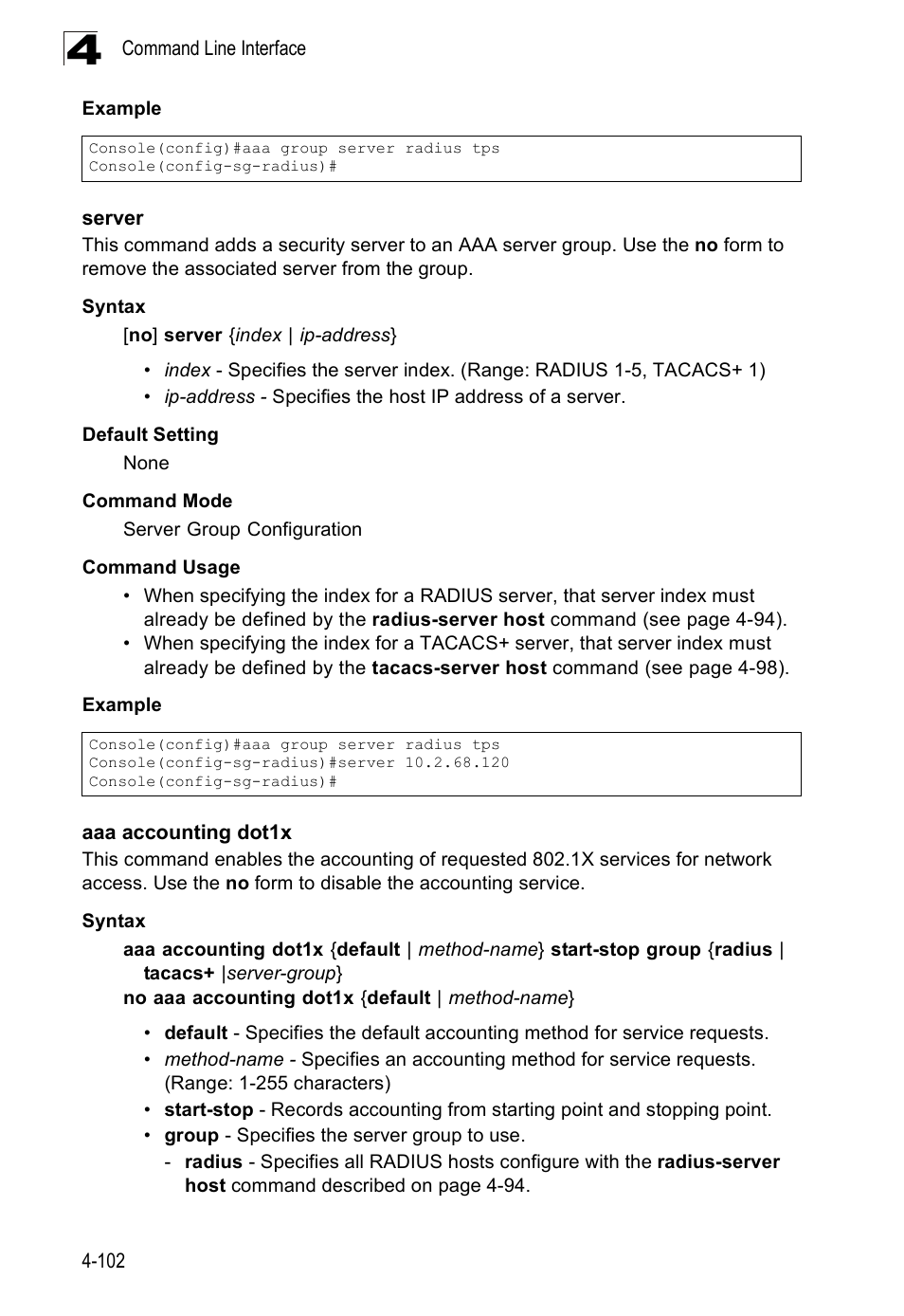 Server 4-102 aaa accounting dot1x | SMC Networks SMC Tiger 10/100 SMC6128PL2 User Manual | Page 410 / 664