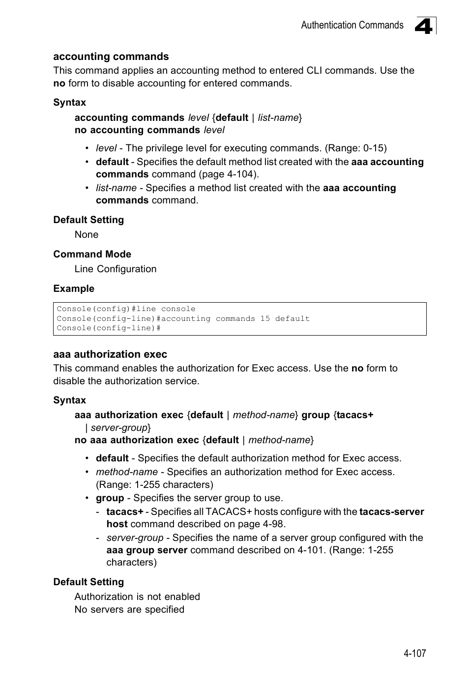 Accounting commands, Aaa authorization exec | SMC Networks SMC Tiger 10/100 SMC6128PL2 User Manual | Page 415 / 664