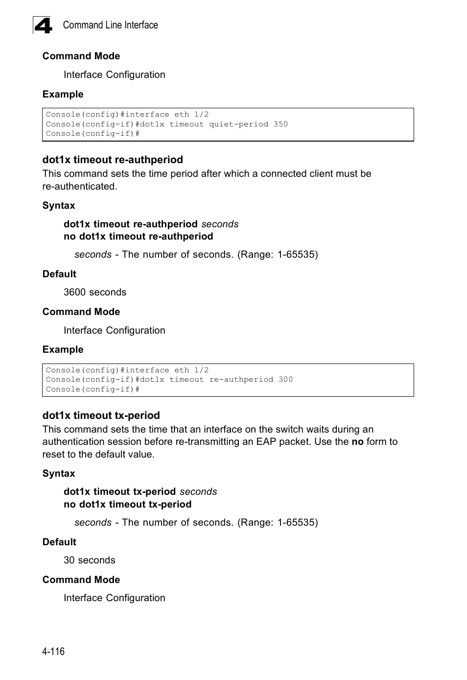 Dot1x timeout re-authperiod, Dot1x timeout tx-period | SMC Networks SMC Tiger 10/100 SMC6128PL2 User Manual | Page 424 / 664