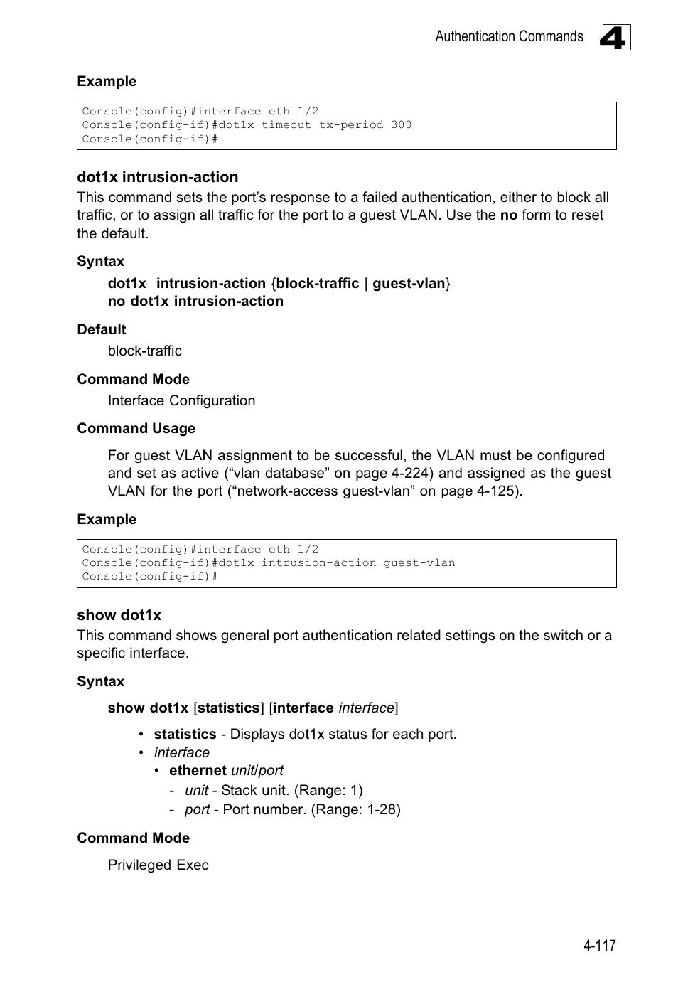 Dot1x intrusion-action, Show dot1x | SMC Networks SMC Tiger 10/100 SMC6128PL2 User Manual | Page 425 / 664