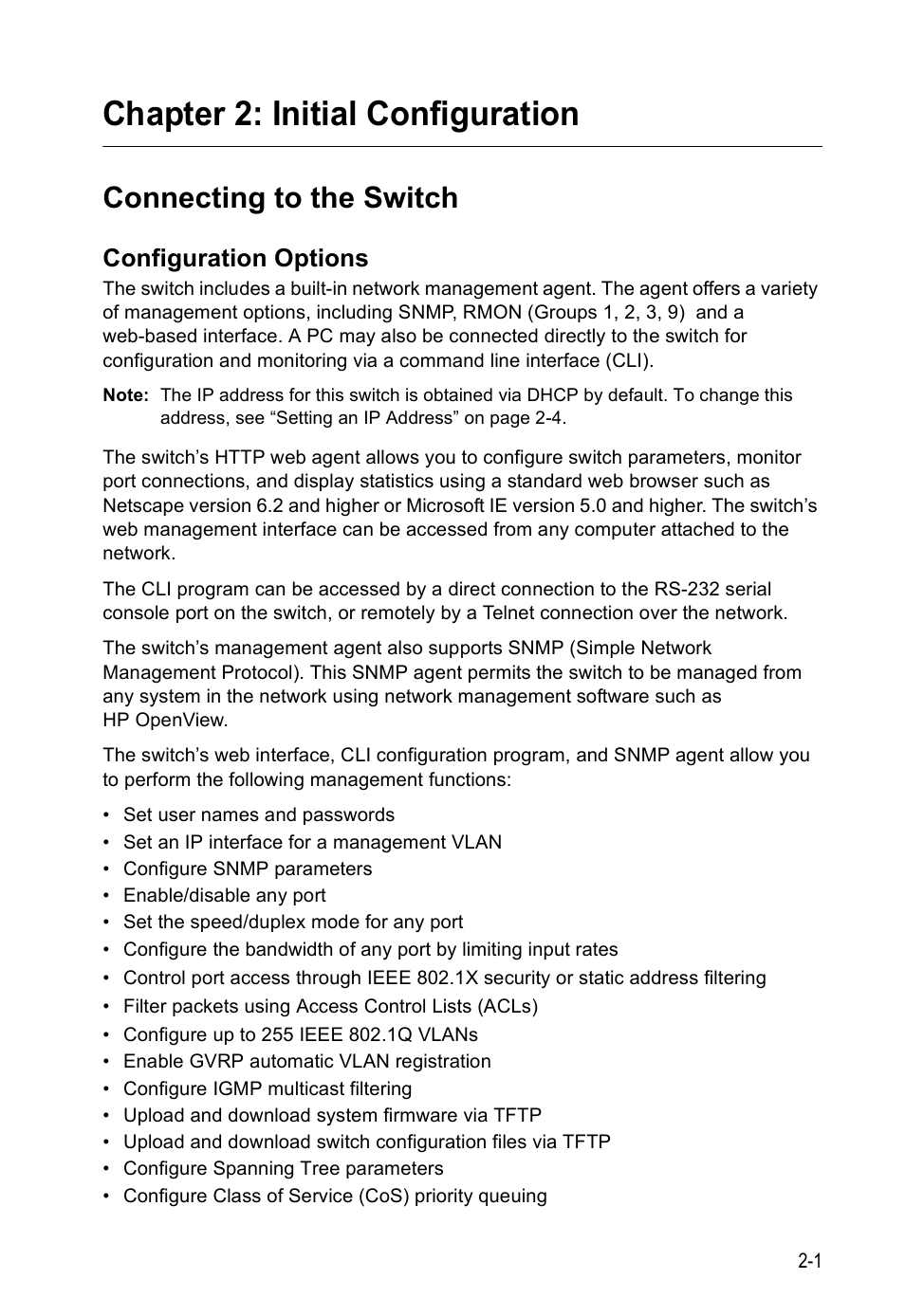 Chapter 2: initial configuration, Connecting to the switch, Configuration options | SMC Networks SMC Tiger 10/100 SMC6128PL2 User Manual | Page 43 / 664