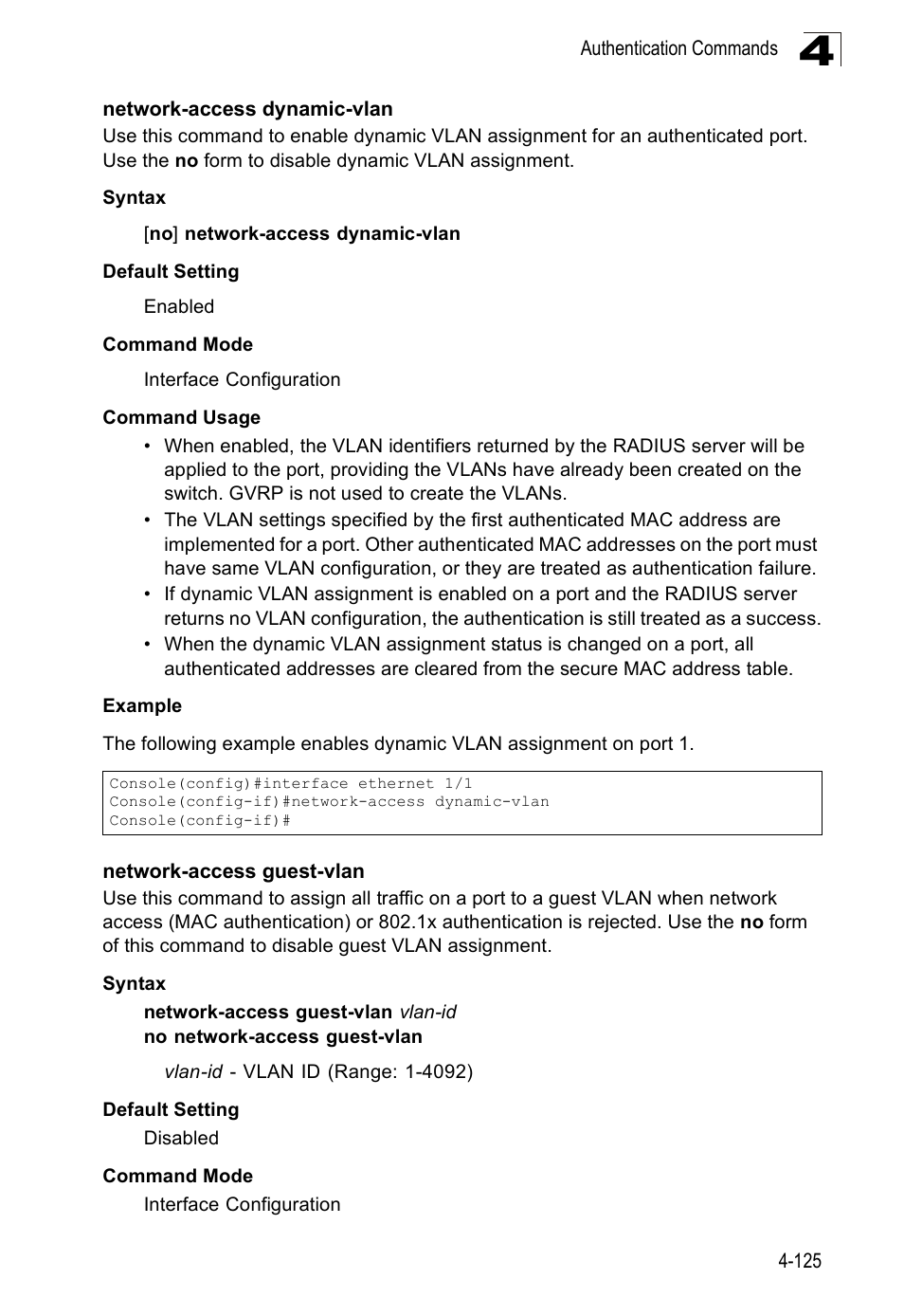Network-access dynamic-vlan, Network-access guest-vlan | SMC Networks SMC Tiger 10/100 SMC6128PL2 User Manual | Page 433 / 664