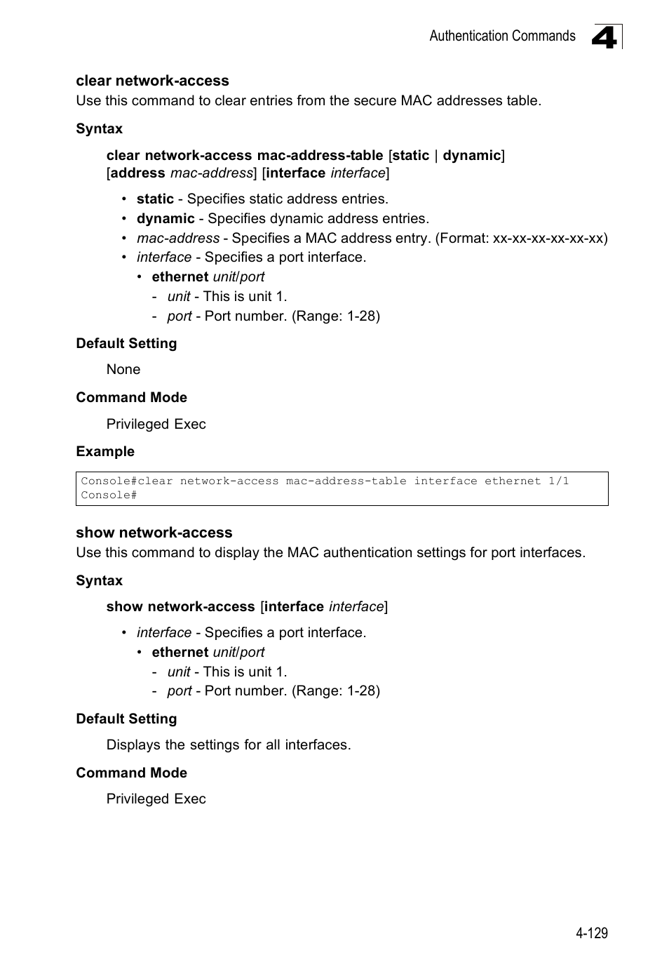 Clear network-access, Show network-access | SMC Networks SMC Tiger 10/100 SMC6128PL2 User Manual | Page 437 / 664