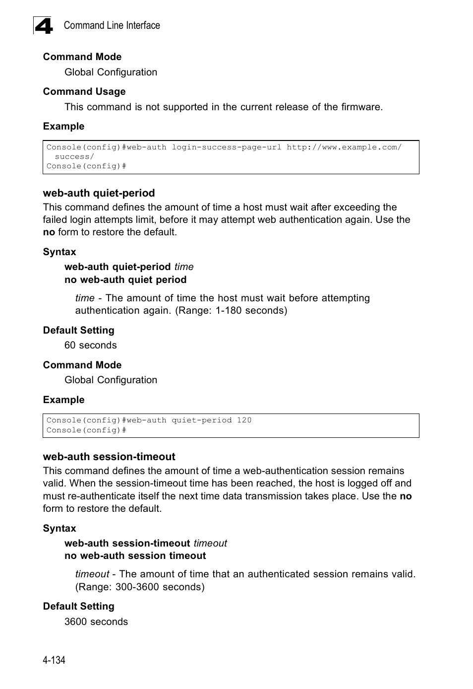 Web-auth quiet-period, Web-auth session-timeout | SMC Networks SMC Tiger 10/100 SMC6128PL2 User Manual | Page 442 / 664