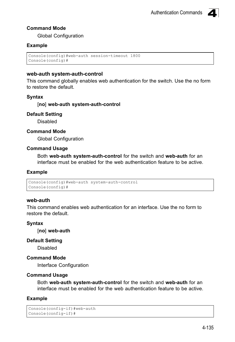 Web-auth system-auth-control, Web-auth 4-135 | SMC Networks SMC Tiger 10/100 SMC6128PL2 User Manual | Page 443 / 664