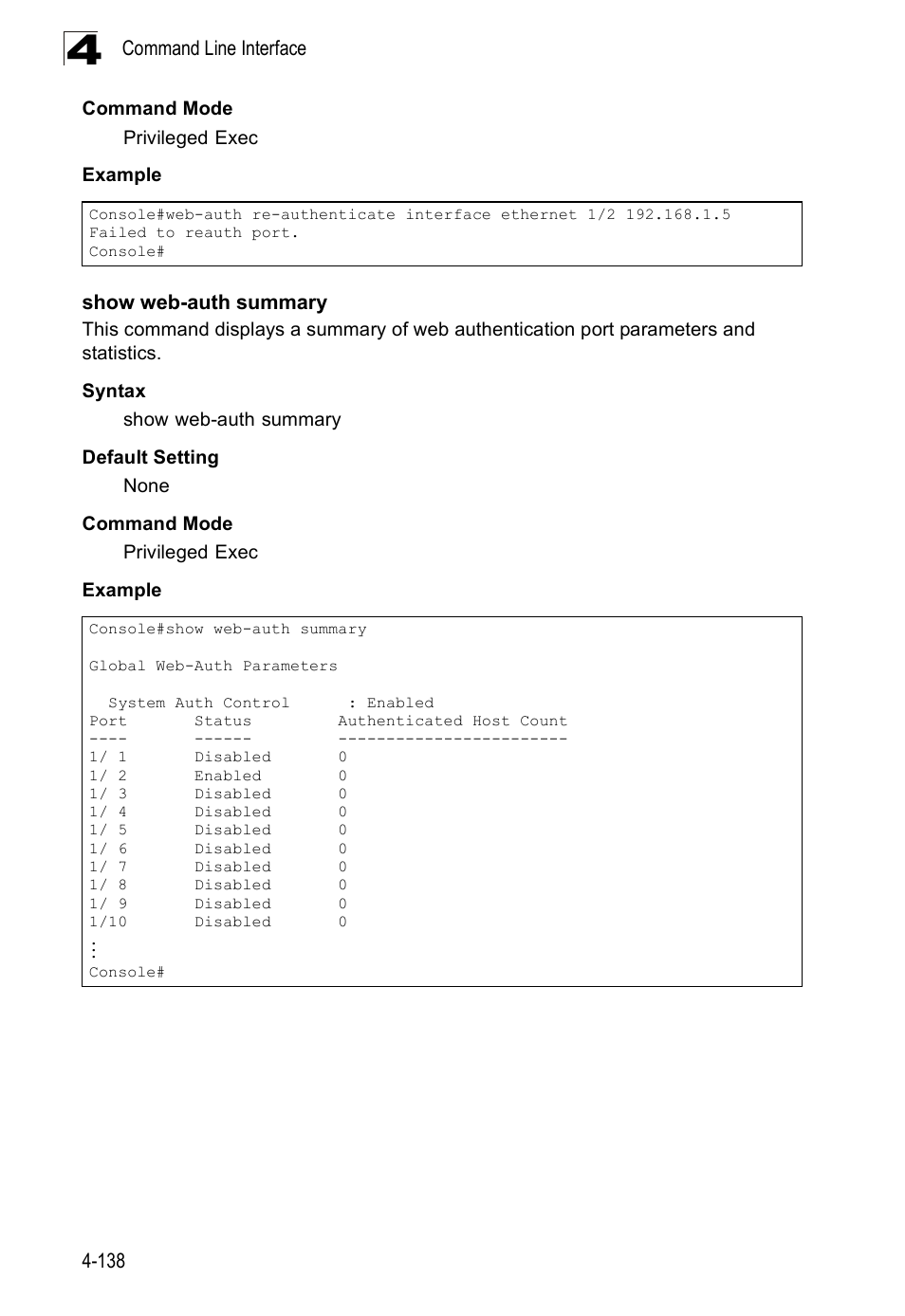 Show web-auth summary | SMC Networks SMC Tiger 10/100 SMC6128PL2 User Manual | Page 446 / 664