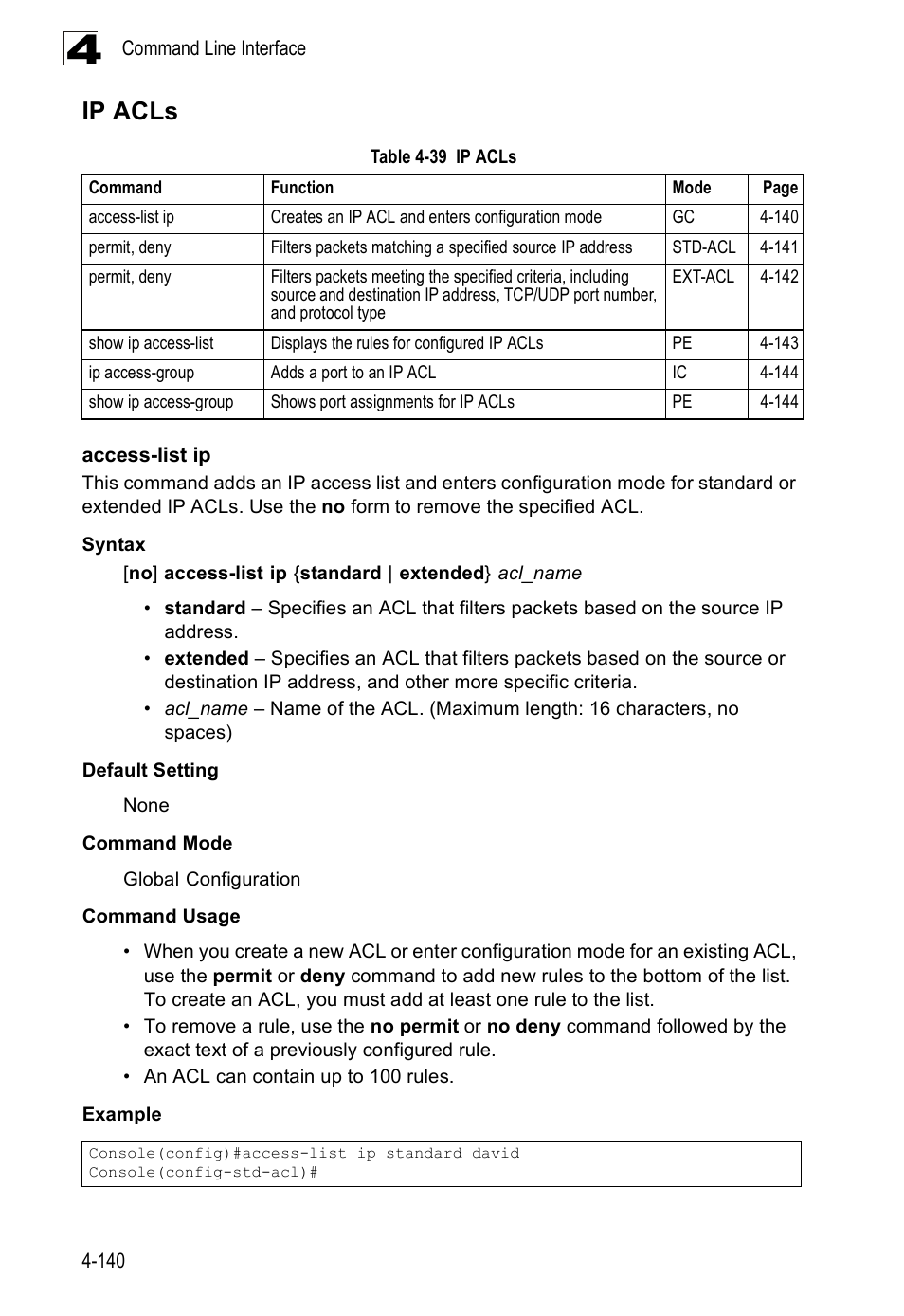 Ip acls, Access-list ip, Table 4-39 | SMC Networks SMC Tiger 10/100 SMC6128PL2 User Manual | Page 448 / 664