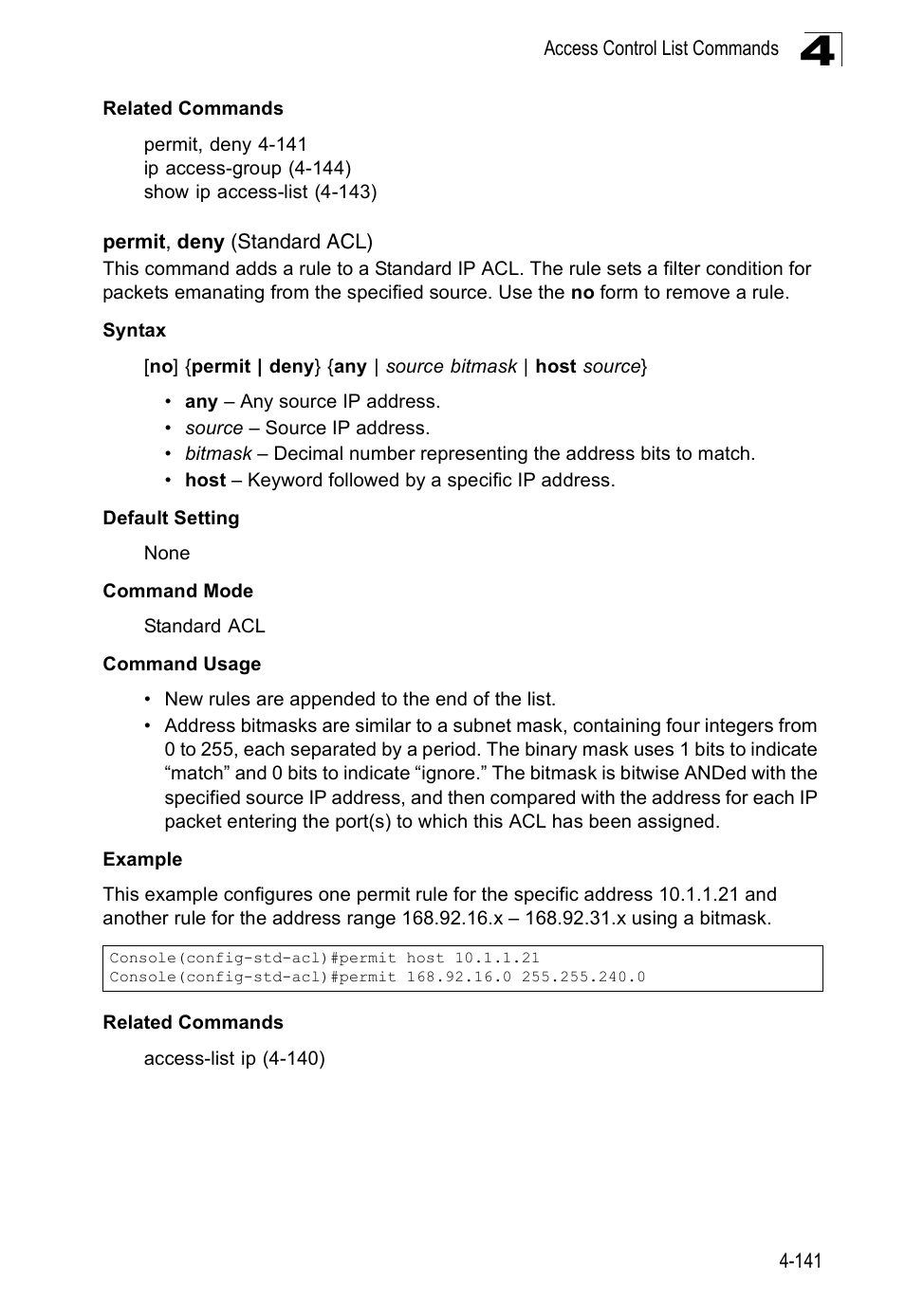 Permit, deny (standard acl) | SMC Networks SMC Tiger 10/100 SMC6128PL2 User Manual | Page 449 / 664