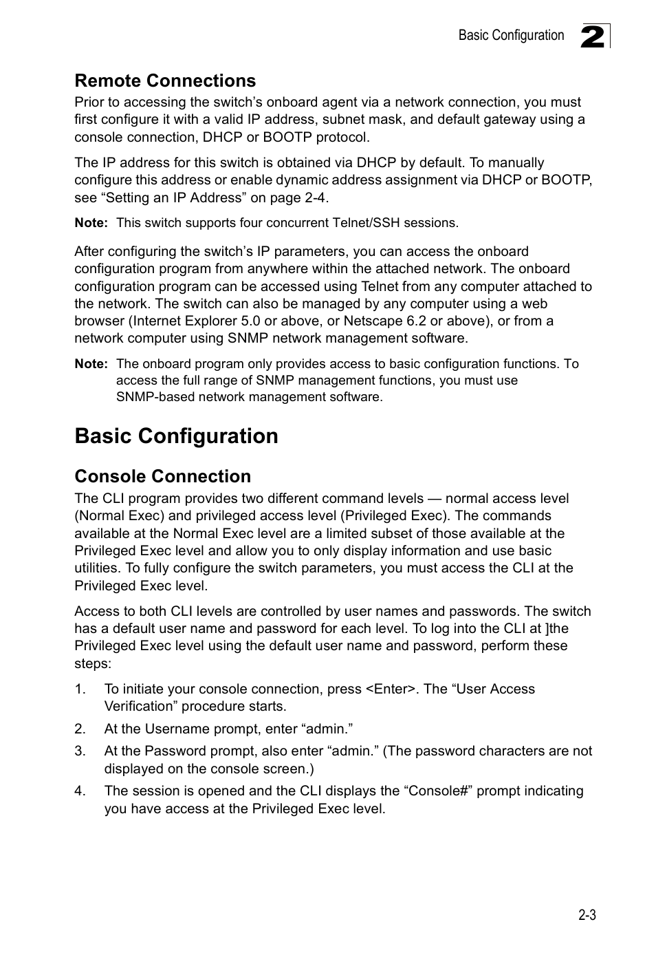 Remote connections, Basic configuration, Console connection | SMC Networks SMC Tiger 10/100 SMC6128PL2 User Manual | Page 45 / 664