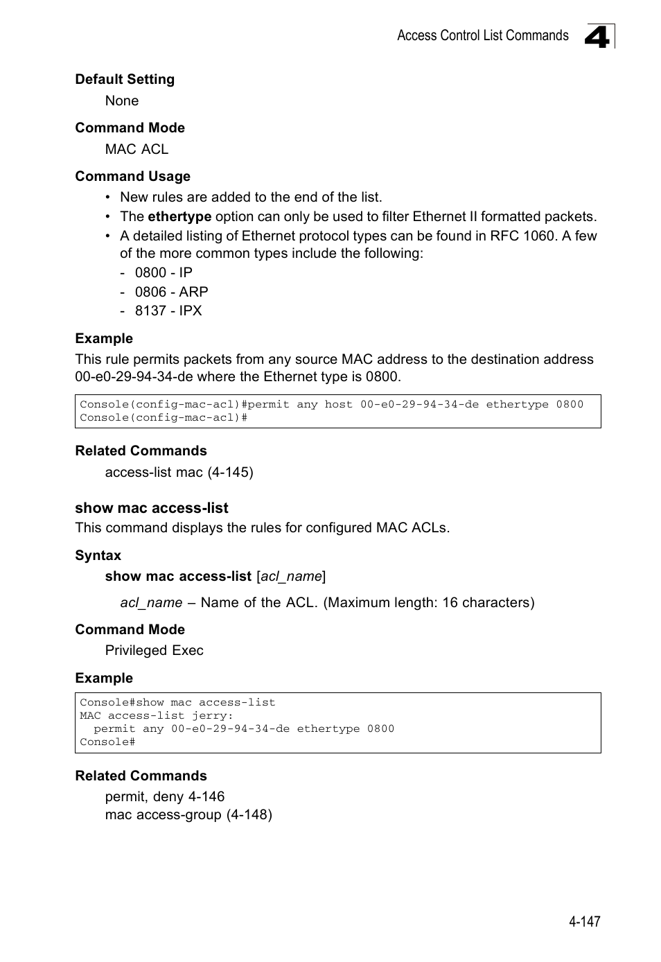 Show mac access-list, Show mac access-list (4-147) | SMC Networks SMC Tiger 10/100 SMC6128PL2 User Manual | Page 455 / 664