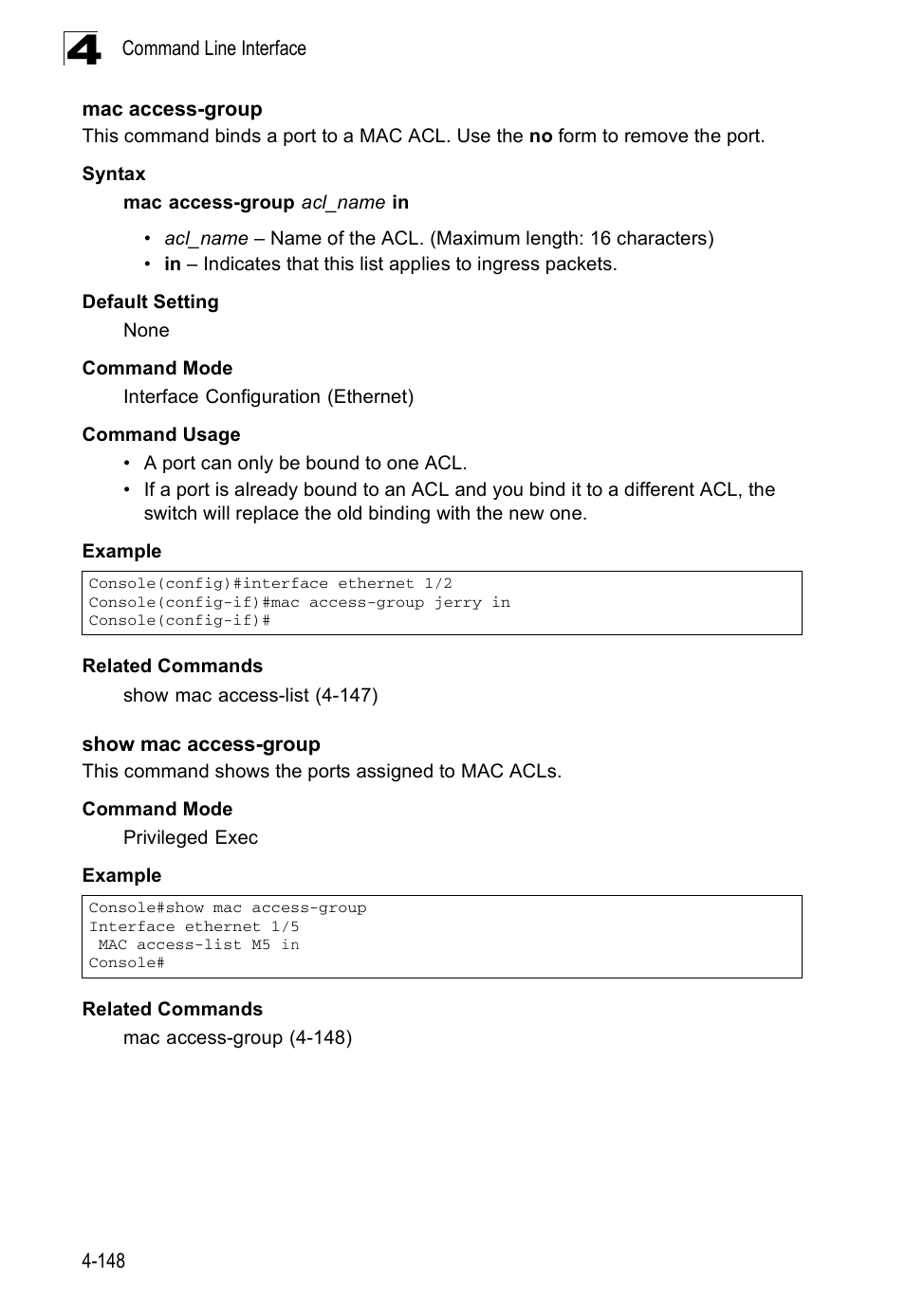 Mac access-group, Show mac access-group, Mac access-group (4-148) | SMC Networks SMC Tiger 10/100 SMC6128PL2 User Manual | Page 456 / 664