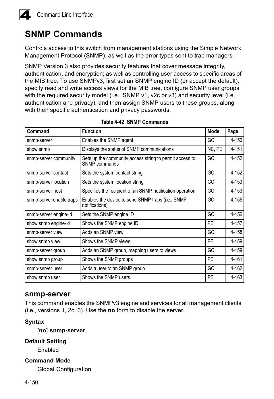 Snmp commands, Snmp-server, Snmp-server 4-150 | Table 4-42 | SMC Networks SMC Tiger 10/100 SMC6128PL2 User Manual | Page 458 / 664