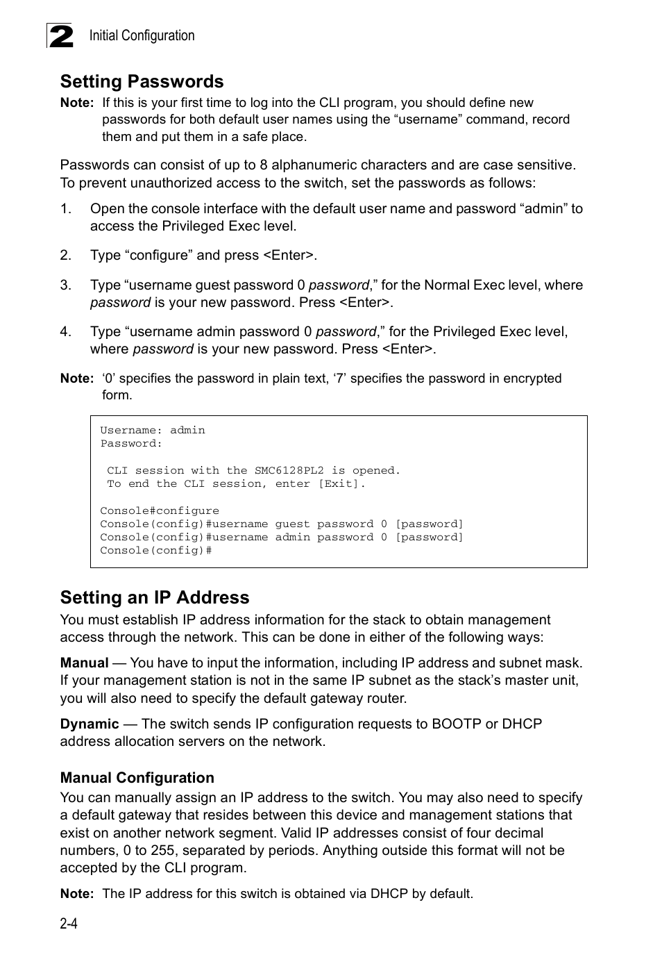 Setting passwords, Setting an ip address, Manual configuration | SMC Networks SMC Tiger 10/100 SMC6128PL2 User Manual | Page 46 / 664