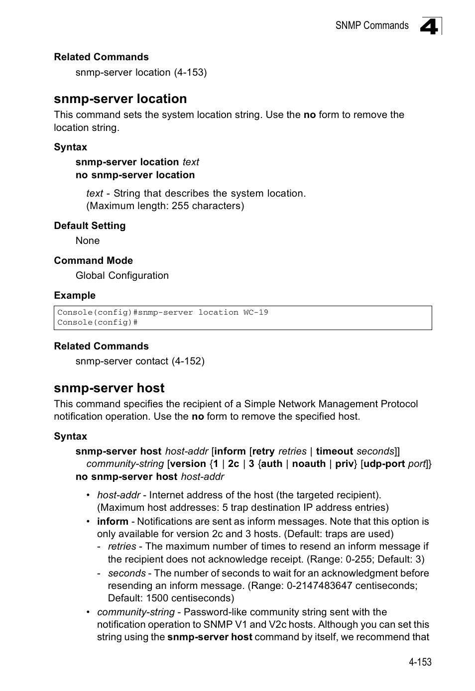 Snmp-server location, Snmp-server host | SMC Networks SMC Tiger 10/100 SMC6128PL2 User Manual | Page 461 / 664