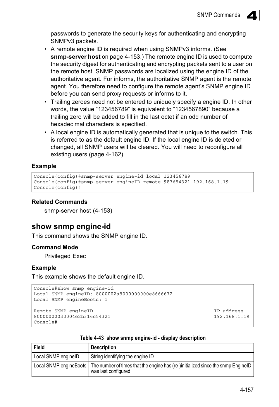 Show snmp engine-id, Table 4-43, Show snmp engine-id - display description | SMC Networks SMC Tiger 10/100 SMC6128PL2 User Manual | Page 465 / 664