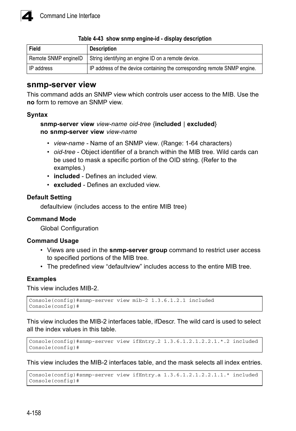 Snmp-server view | SMC Networks SMC Tiger 10/100 SMC6128PL2 User Manual | Page 466 / 664