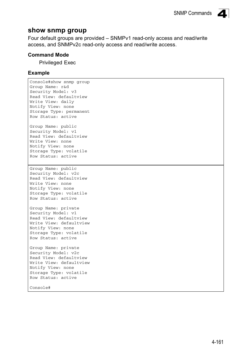 Show snmp group | SMC Networks SMC Tiger 10/100 SMC6128PL2 User Manual | Page 469 / 664