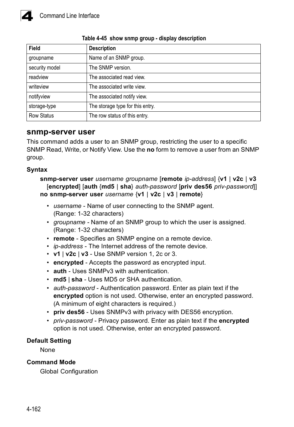 Snmp-server user, Table 4-45, Show snmp group - display description | SMC Networks SMC Tiger 10/100 SMC6128PL2 User Manual | Page 470 / 664