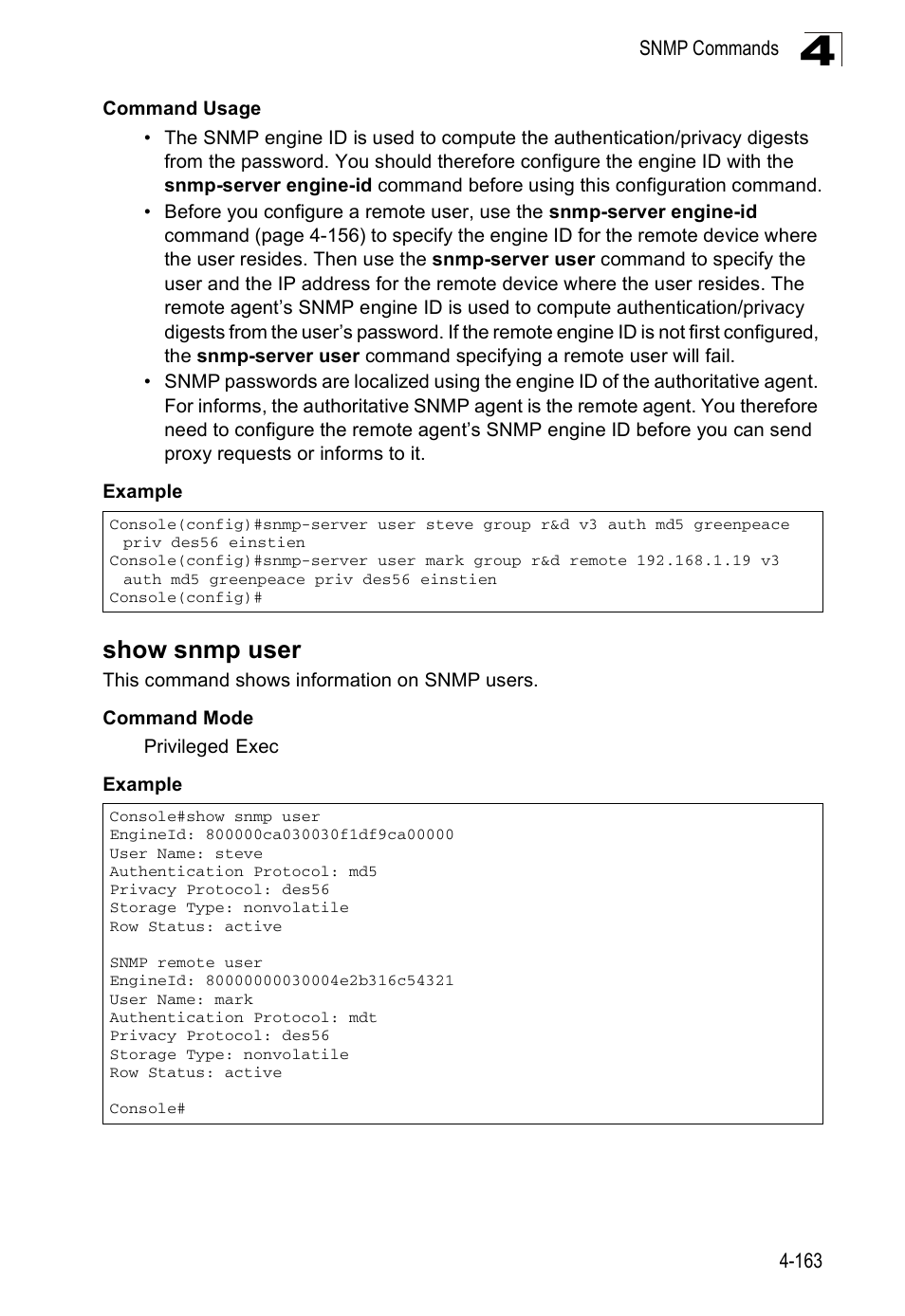 Show snmp user | SMC Networks SMC Tiger 10/100 SMC6128PL2 User Manual | Page 471 / 664