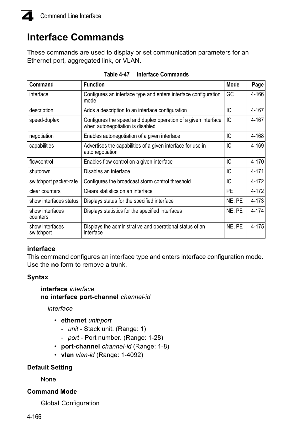 Interface commands, Interface, Interface 4-166 | Table 4-47 | SMC Networks SMC Tiger 10/100 SMC6128PL2 User Manual | Page 474 / 664