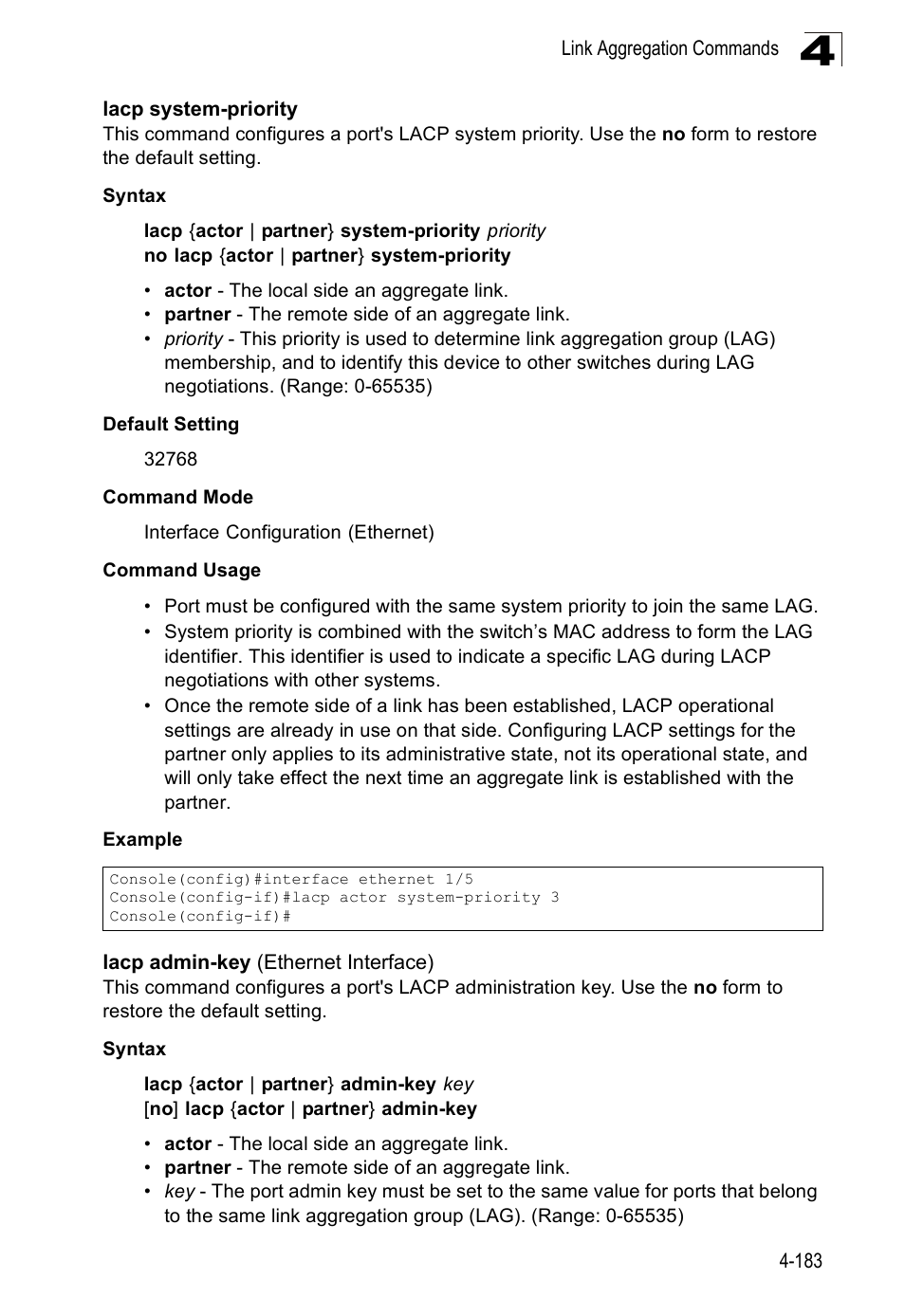 Lacp system-priority, Lacp admin-key (ethernet interface) | SMC Networks SMC Tiger 10/100 SMC6128PL2 User Manual | Page 491 / 664