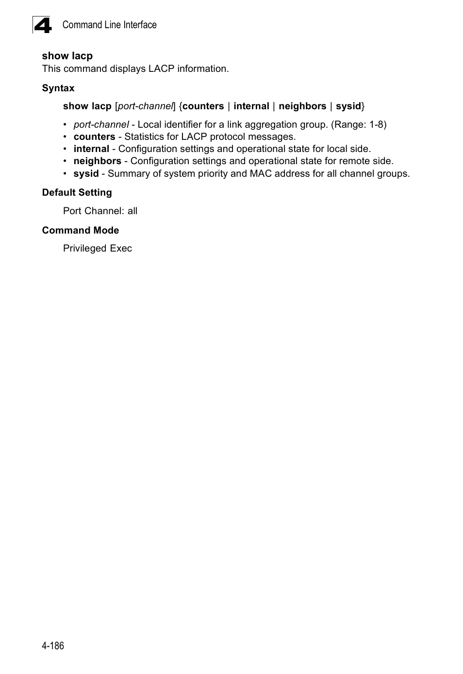 Show lacp | SMC Networks SMC Tiger 10/100 SMC6128PL2 User Manual | Page 494 / 664