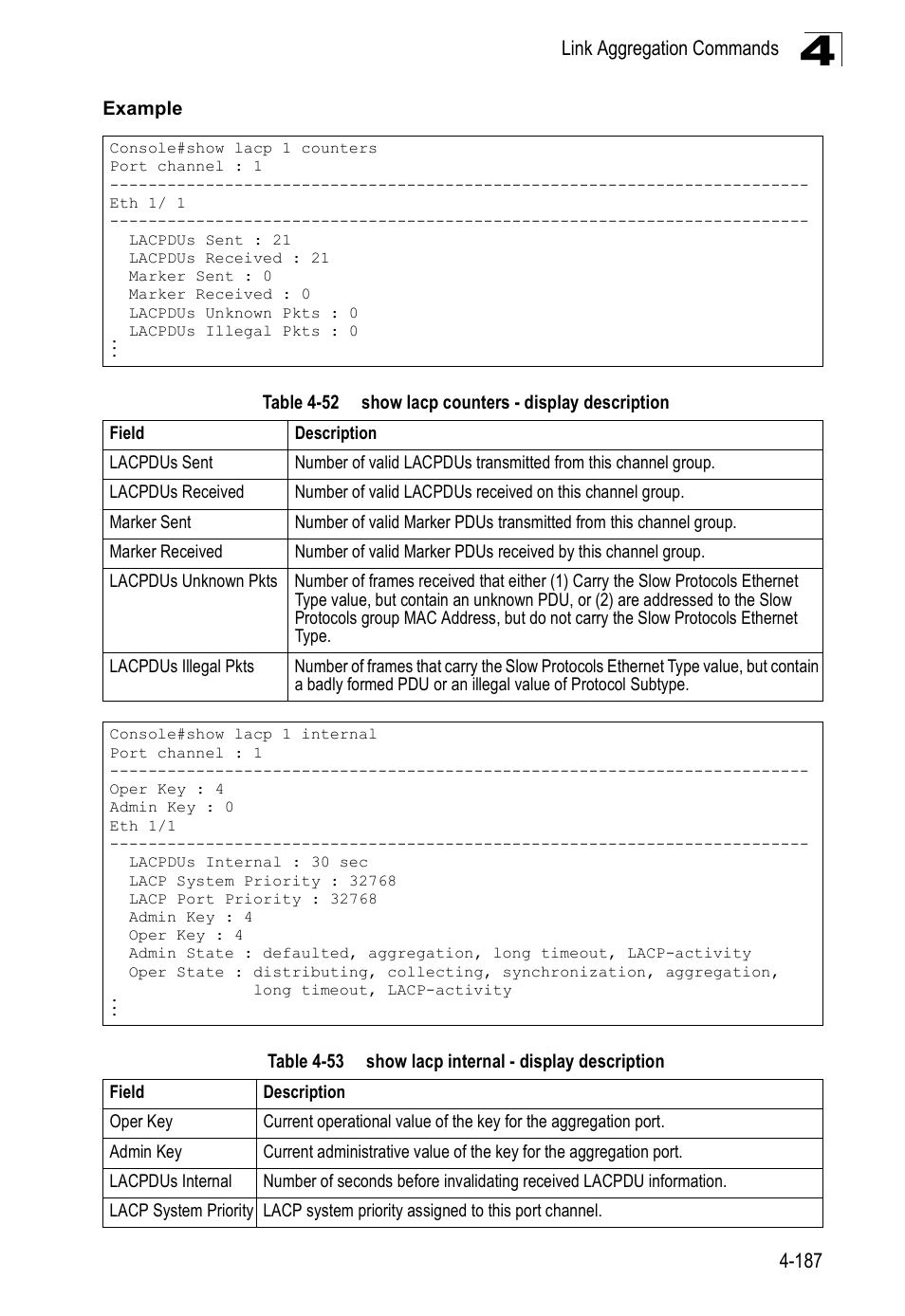 Table 4-52, Show lacp counters - display description, Table 4-53 | Show lacp internal - display description | SMC Networks SMC Tiger 10/100 SMC6128PL2 User Manual | Page 495 / 664
