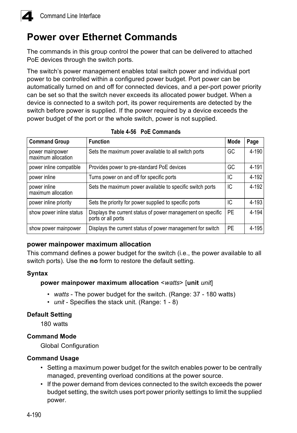 Power over ethernet commands, Power mainpower maximum allocation | SMC Networks SMC Tiger 10/100 SMC6128PL2 User Manual | Page 498 / 664