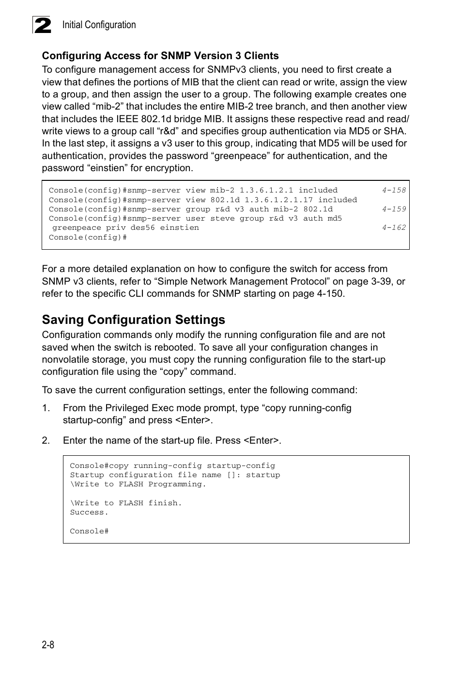 Saving configuration settings, Configuring access for snmp version 3 clients | SMC Networks SMC Tiger 10/100 SMC6128PL2 User Manual | Page 50 / 664