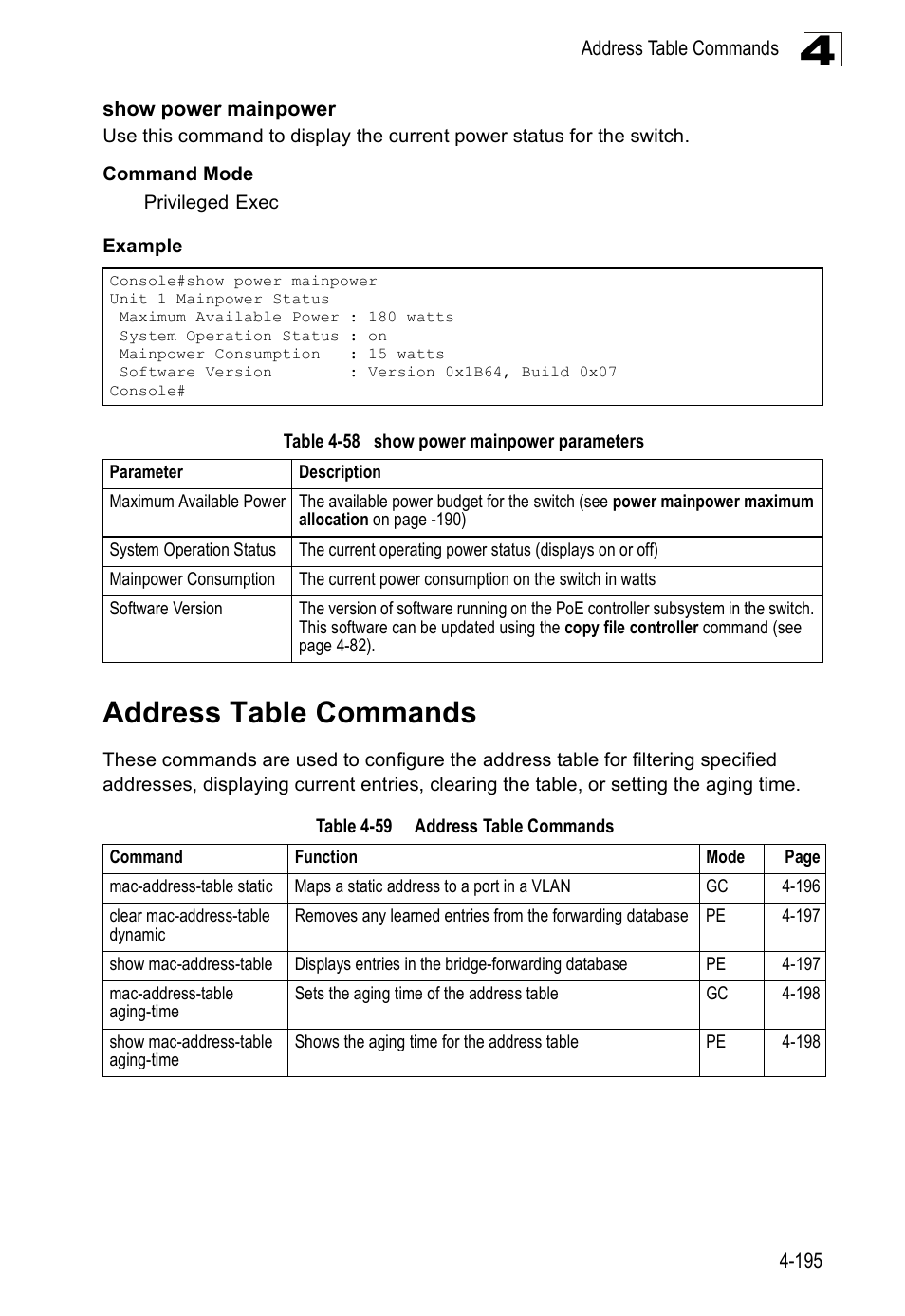 Show power mainpower, Address table commands, Table 4-59 | SMC Networks SMC Tiger 10/100 SMC6128PL2 User Manual | Page 503 / 664