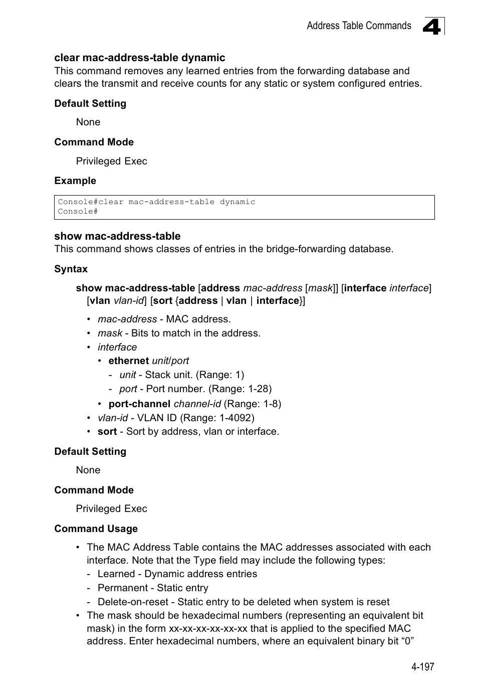 Clear mac-address-table dynamic, Show mac-address-table, Show mac-address-table (4-197) | SMC Networks SMC Tiger 10/100 SMC6128PL2 User Manual | Page 505 / 664