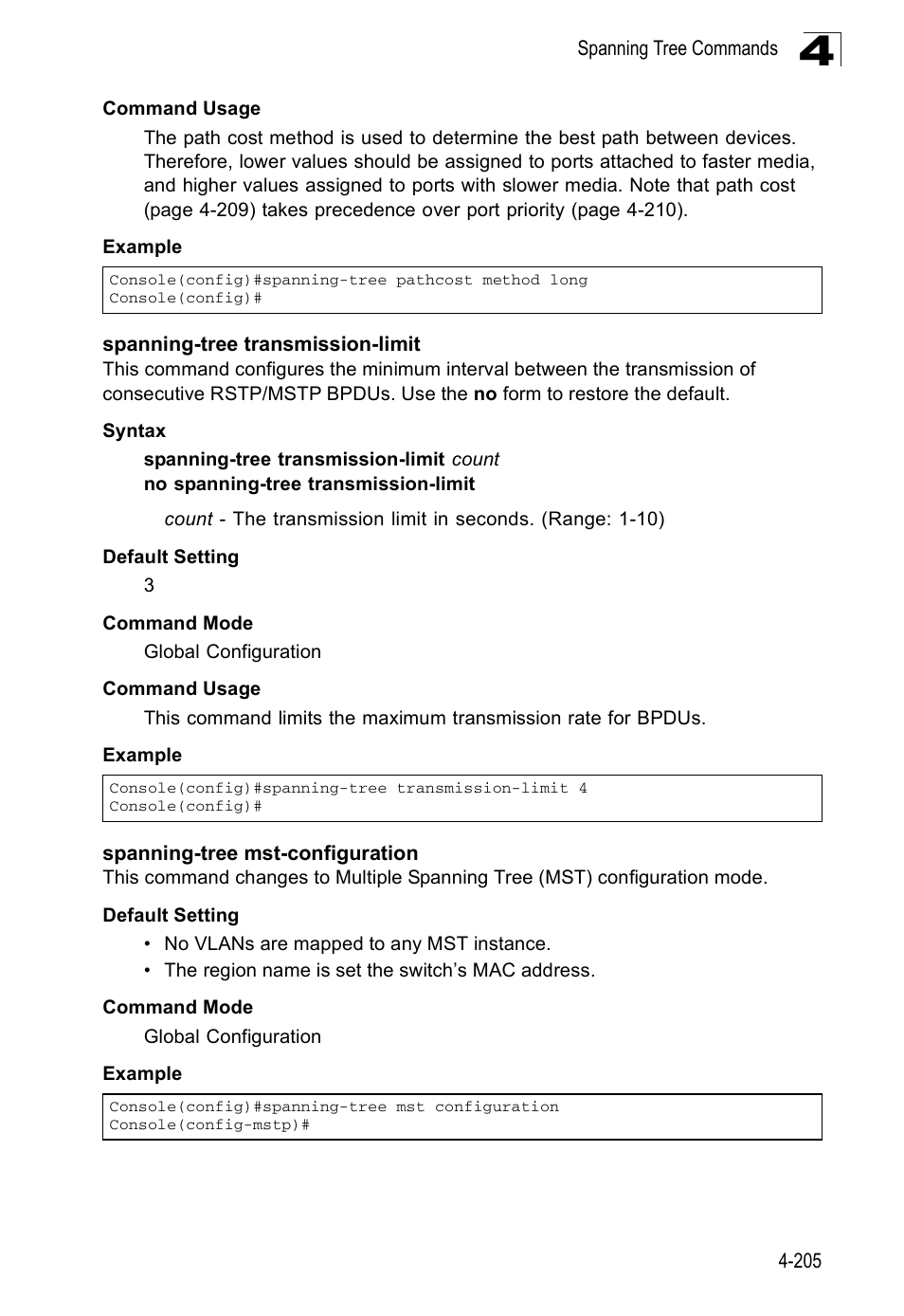 Spanning-tree transmission-limit, Spanning-tree mst-configuration | SMC Networks SMC Tiger 10/100 SMC6128PL2 User Manual | Page 513 / 664