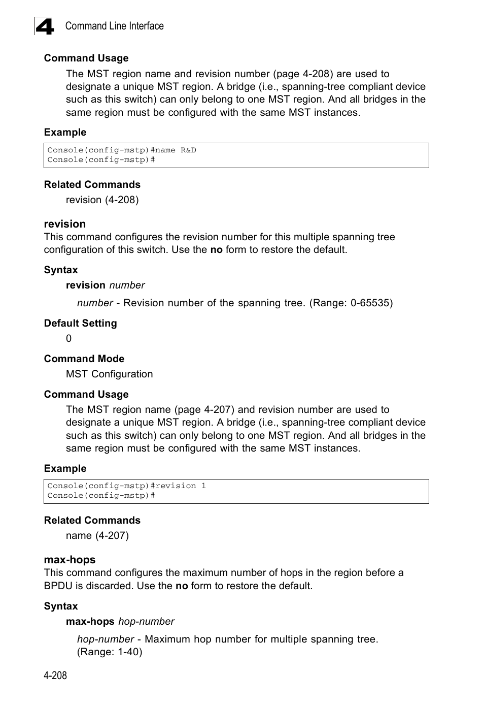 Revision, Max-hops, Revision 4-208 max-hops 4-208 | Revision (4-208) max-hops (4-208) | SMC Networks SMC Tiger 10/100 SMC6128PL2 User Manual | Page 516 / 664