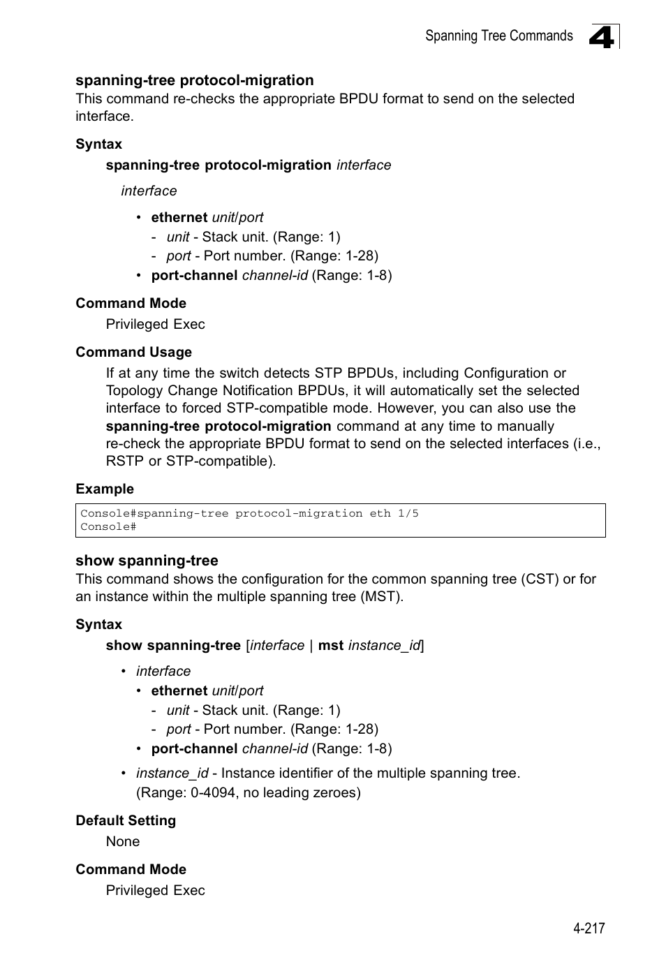 Spanning-tree protocol-migration, Show spanning-tree | SMC Networks SMC Tiger 10/100 SMC6128PL2 User Manual | Page 525 / 664