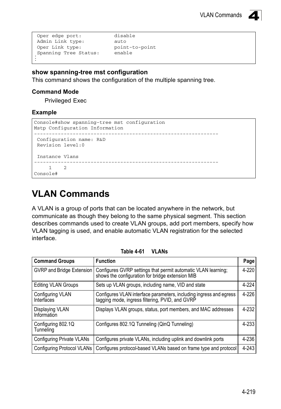 Show spanning-tree mst configuration, Vlan commands, Table 4-61 | Vlans 4-219 | SMC Networks SMC Tiger 10/100 SMC6128PL2 User Manual | Page 527 / 664