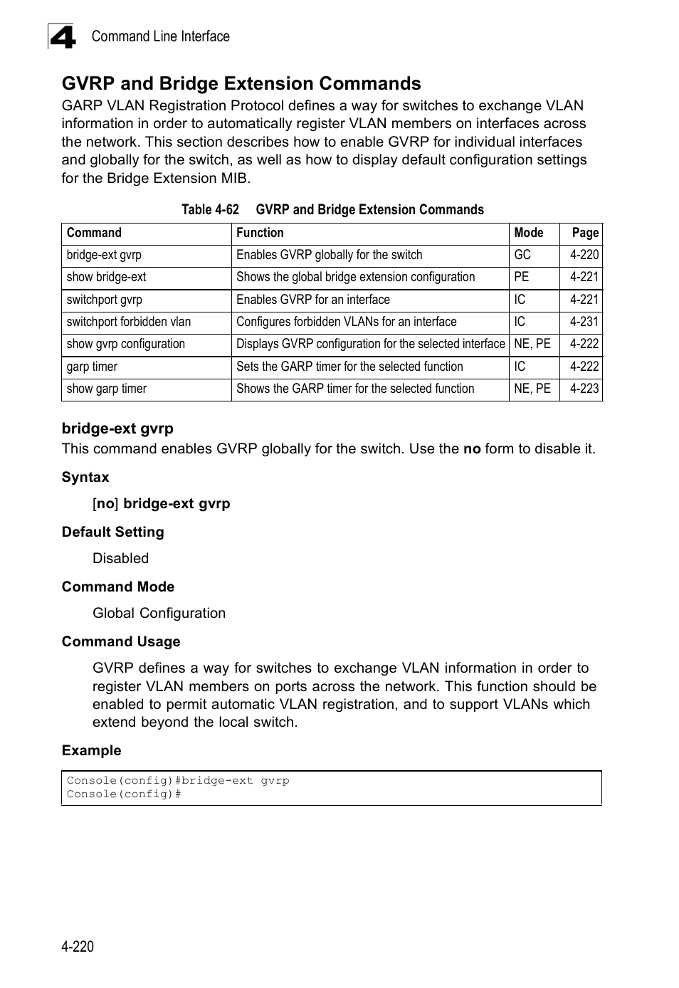 Gvrp and bridge extension commands, Bridge-ext gvrp, Table 4-62 | SMC Networks SMC Tiger 10/100 SMC6128PL2 User Manual | Page 528 / 664