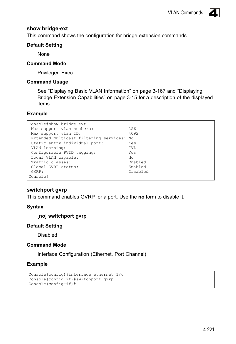 Show bridge-ext, Switchport gvrp | SMC Networks SMC Tiger 10/100 SMC6128PL2 User Manual | Page 529 / 664