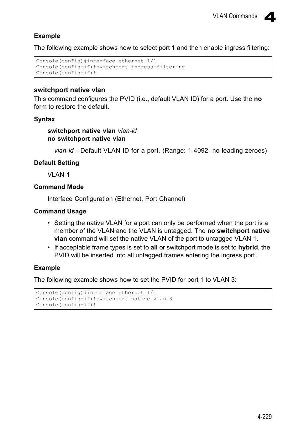 Switchport native vlan, E 4-229 | SMC Networks SMC Tiger 10/100 SMC6128PL2 User Manual | Page 537 / 664
