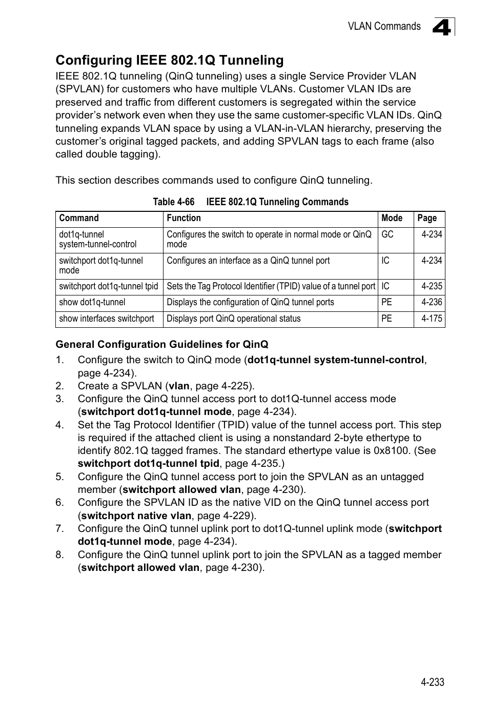 Configuring ieee 802.1q tunneling, Table 4-66, Ieee 802.1q tunneling commands | SMC Networks SMC Tiger 10/100 SMC6128PL2 User Manual | Page 541 / 664