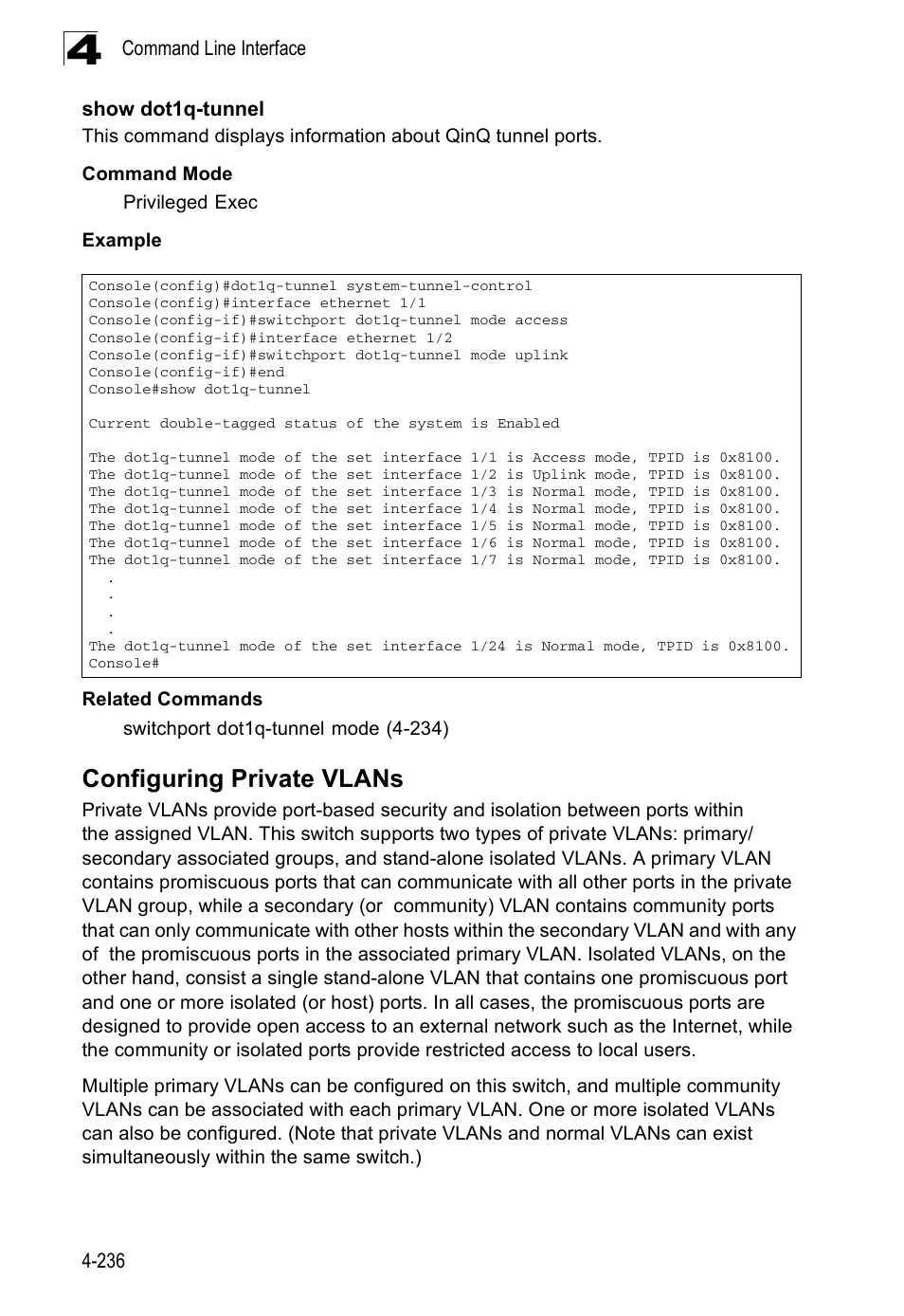 Configuring private vlans, Show dot1q-tunnel | SMC Networks SMC Tiger 10/100 SMC6128PL2 User Manual | Page 544 / 664