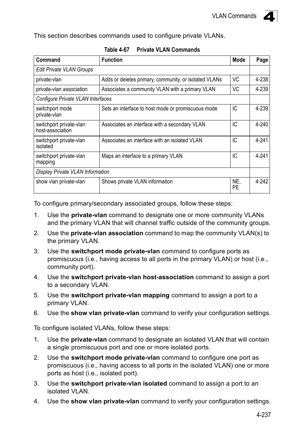 Table 4-67, Private vlan commands | SMC Networks SMC Tiger 10/100 SMC6128PL2 User Manual | Page 545 / 664