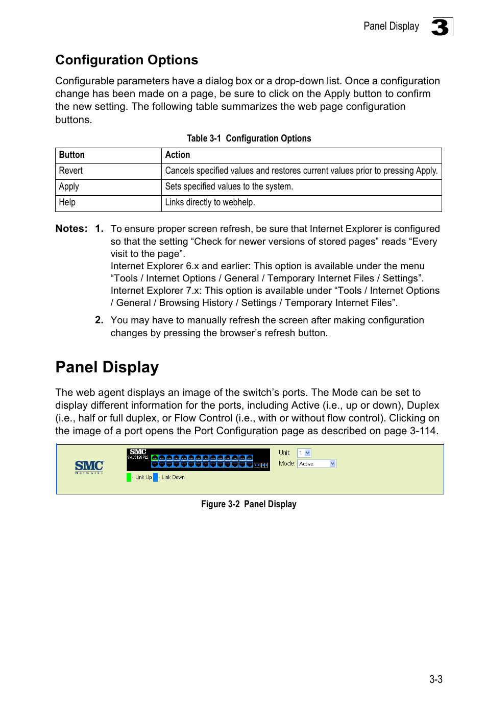 Configuration options, Panel display, Table 3-1 | Figure 3-2 | SMC Networks SMC Tiger 10/100 SMC6128PL2 User Manual | Page 55 / 664