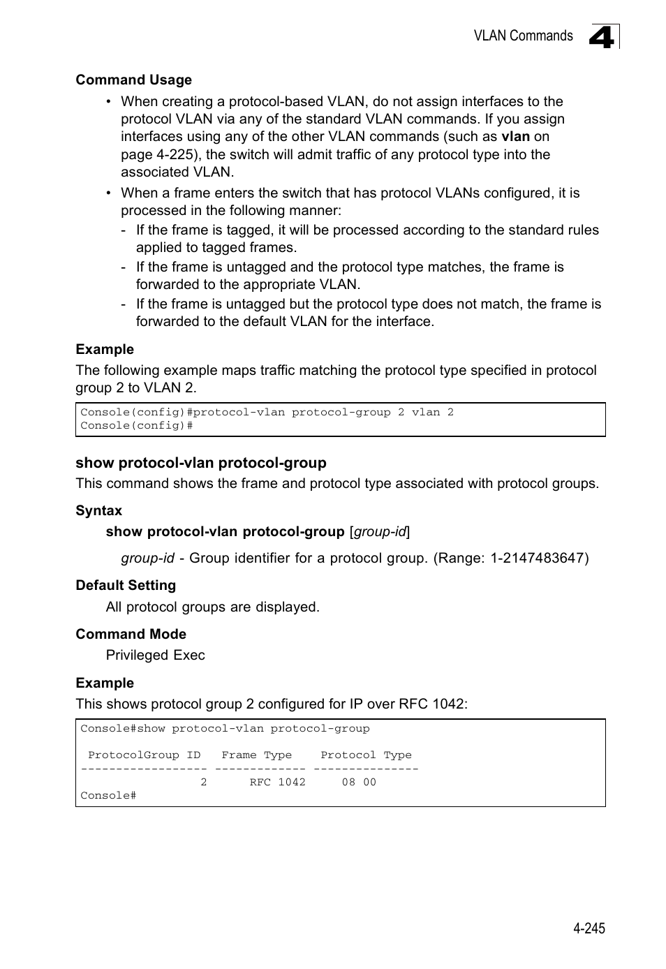 Show protocol-vlan protocol-group | SMC Networks SMC Tiger 10/100 SMC6128PL2 User Manual | Page 553 / 664