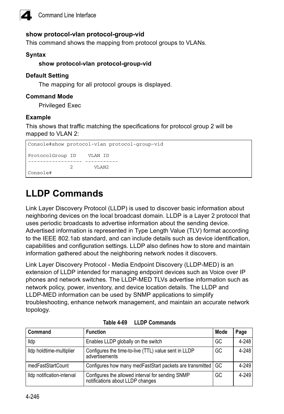 Lldp commands, Show protocol-vlan protocol-group-vid, Table 4-69 | E 4-246) | SMC Networks SMC Tiger 10/100 SMC6128PL2 User Manual | Page 554 / 664