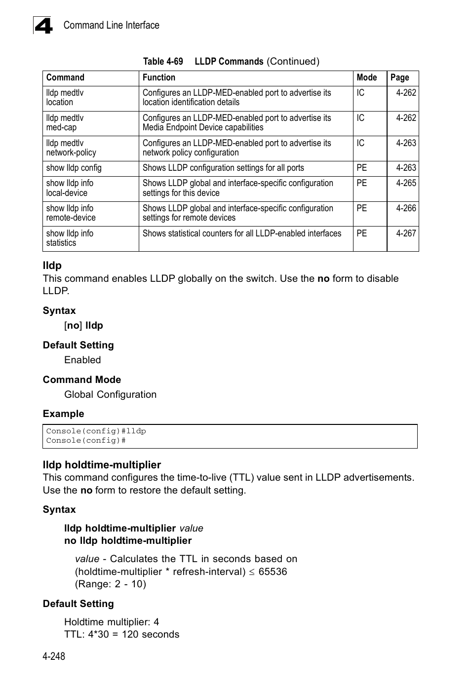 Lldp, Lldp holdtime-multiplier, Lldp 4-248 lldp holdtime-multiplier | SMC Networks SMC Tiger 10/100 SMC6128PL2 User Manual | Page 556 / 664